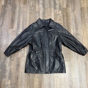 Vintage Winlit Black Heavy leather Coat women Sz L Waist cinching adjustable 80s